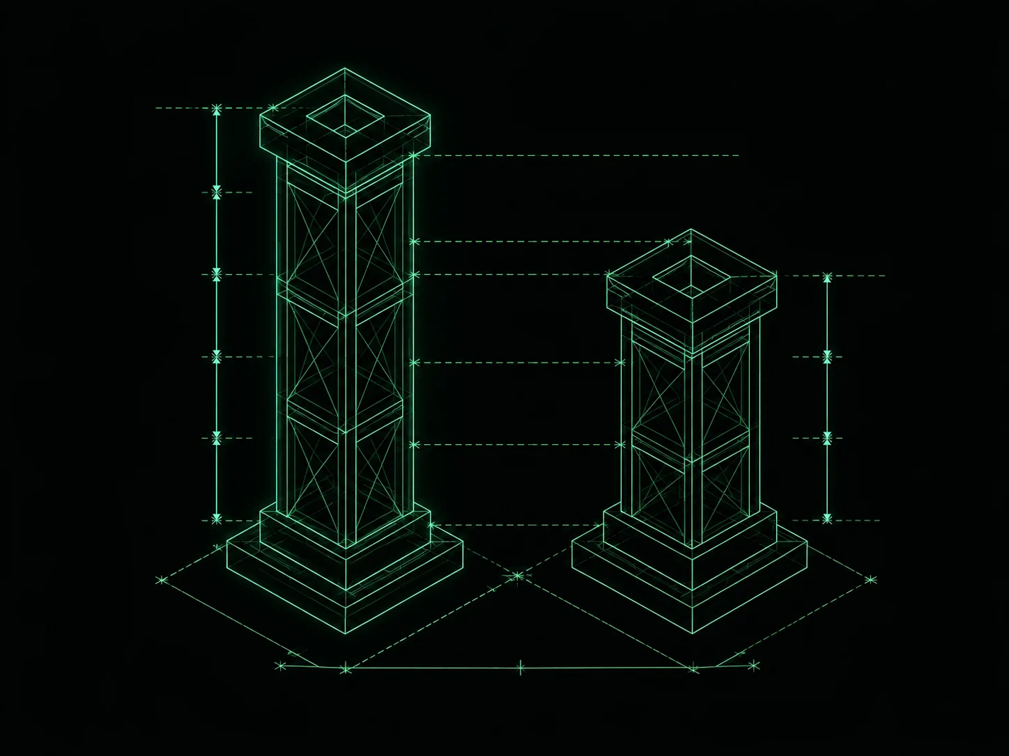 Blueprint illustration of two identical structures compared on a measurement baseline