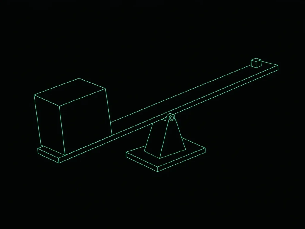 Blueprint illustration of a balance beam tipped by a large block over a small one