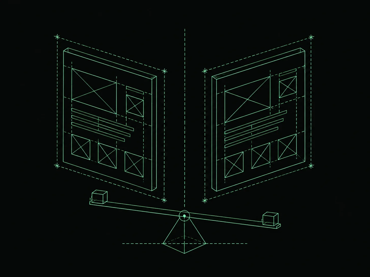 Blueprint illustration of two side-by-side variant panels above a tipping balance scale