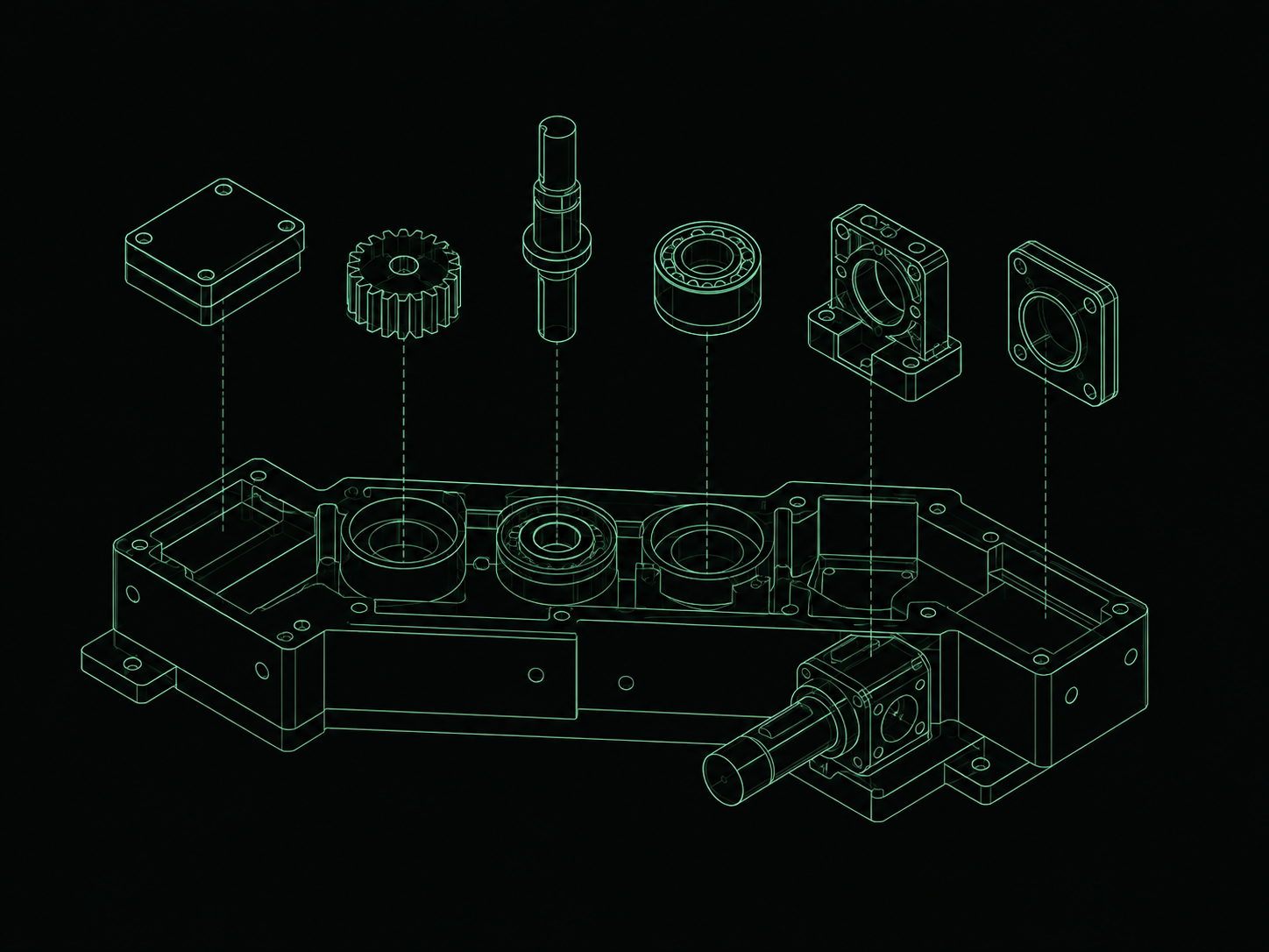 Blueprint exploded-view illustration of a multi-part machine with components aligned to their positions