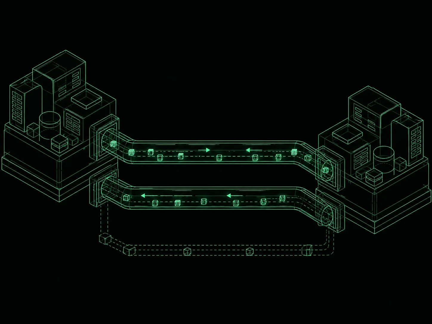 Blueprint illustration of two systems linked by a primary and backup data channel