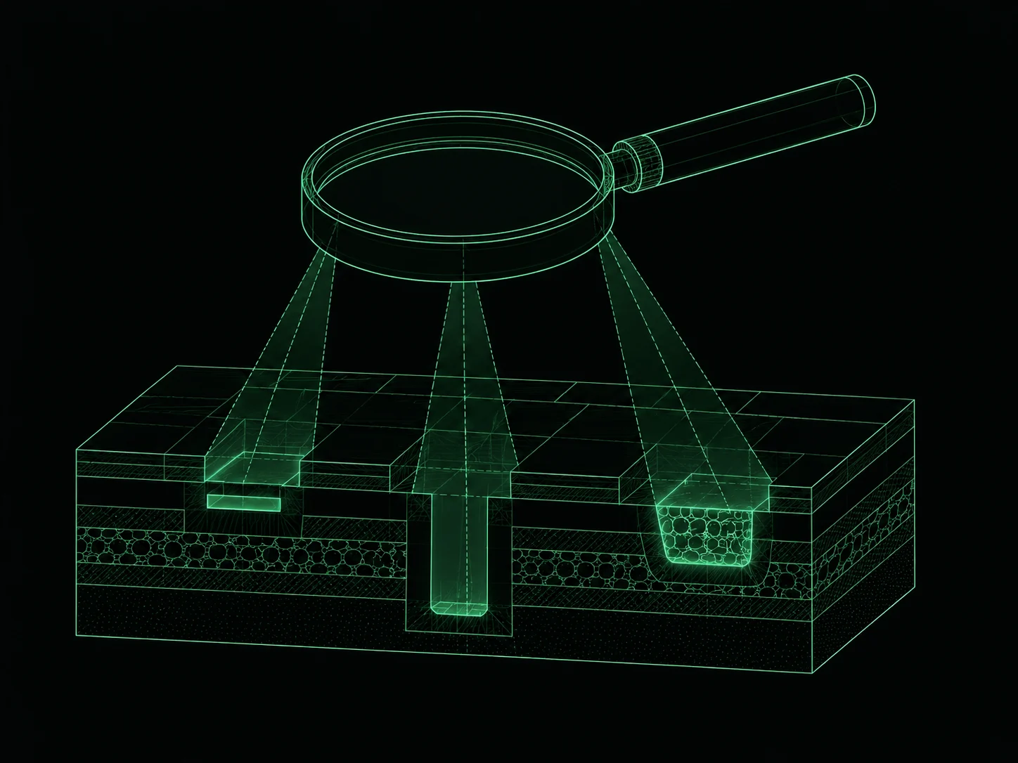 Blueprint illustration of a lens revealing three areas inside a cross-sectioned structure