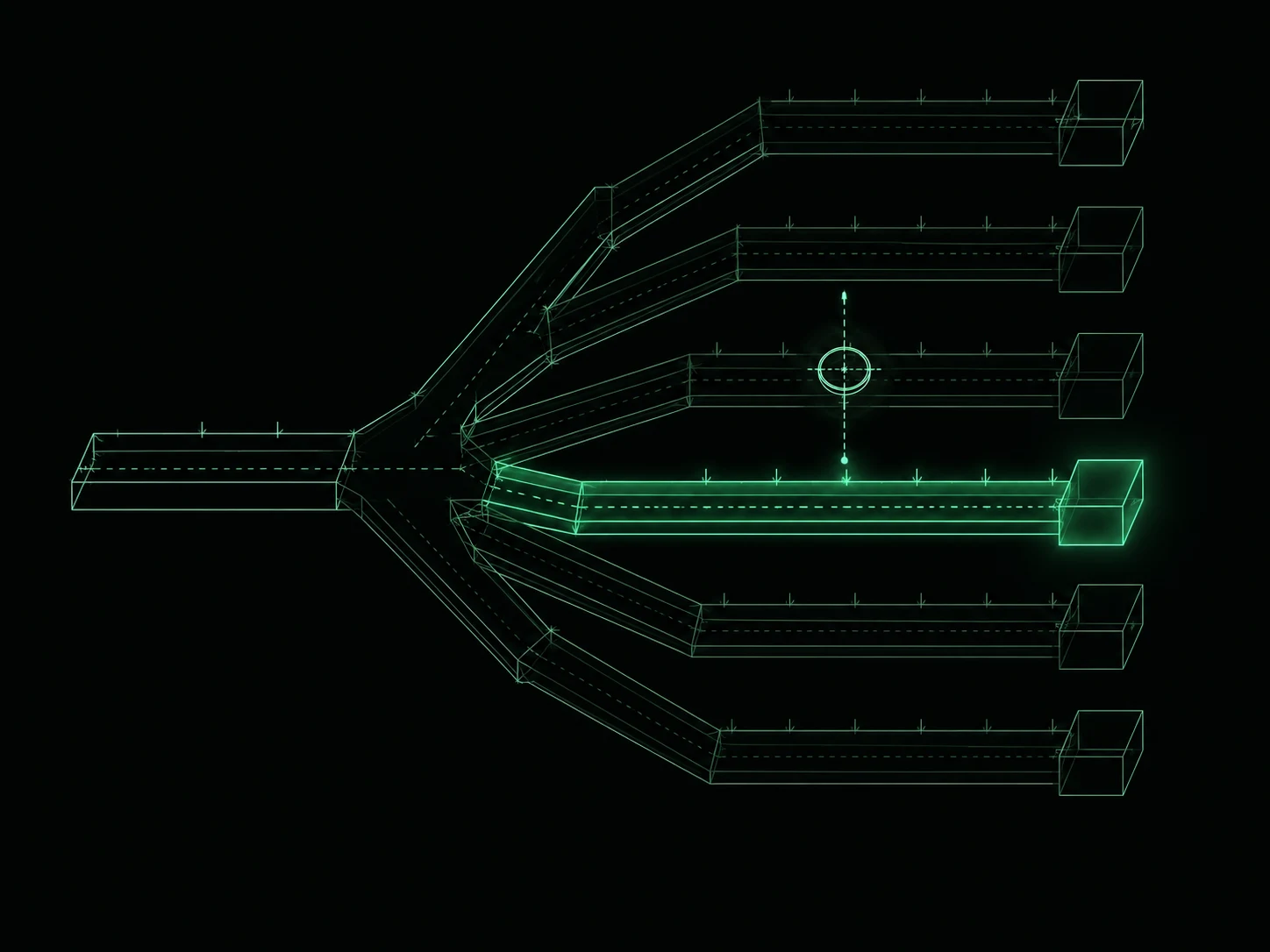 Blueprint illustration of a branching path with one route illuminated among six