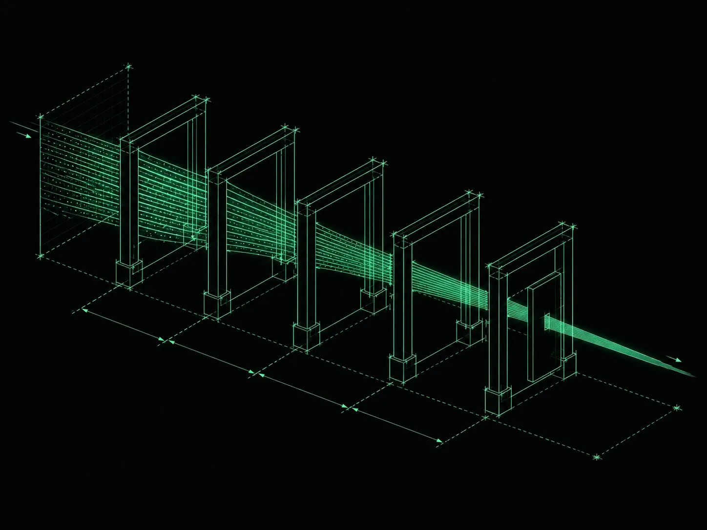 Blueprint illustration of five sequential gates with one partially closed