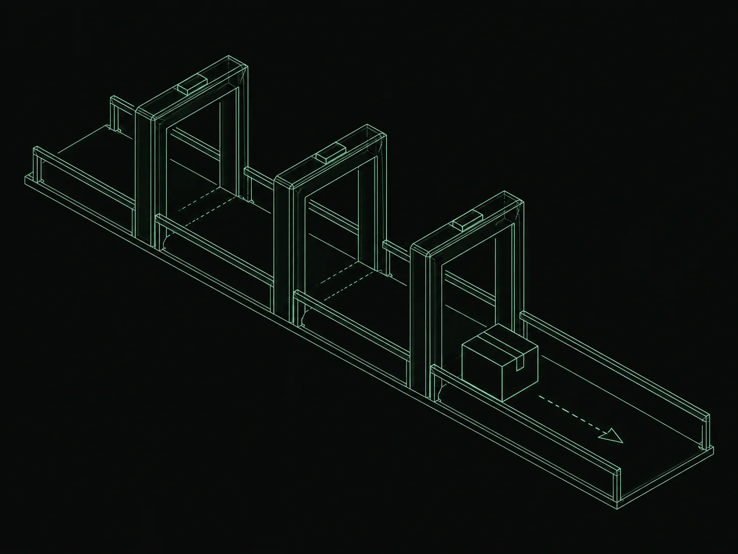 Blueprint illustration of a parcel passing through three sequential checkout gates