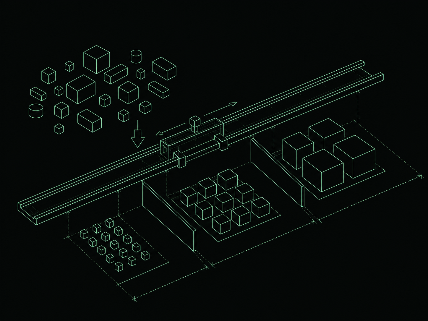 Blueprint illustration of scattered blocks sorted into three ordered groups by size