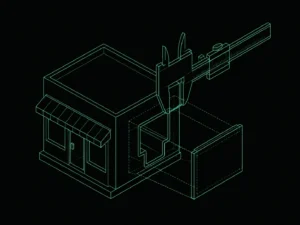Blueprint illustration of a storefront cutaway being measured with calipers