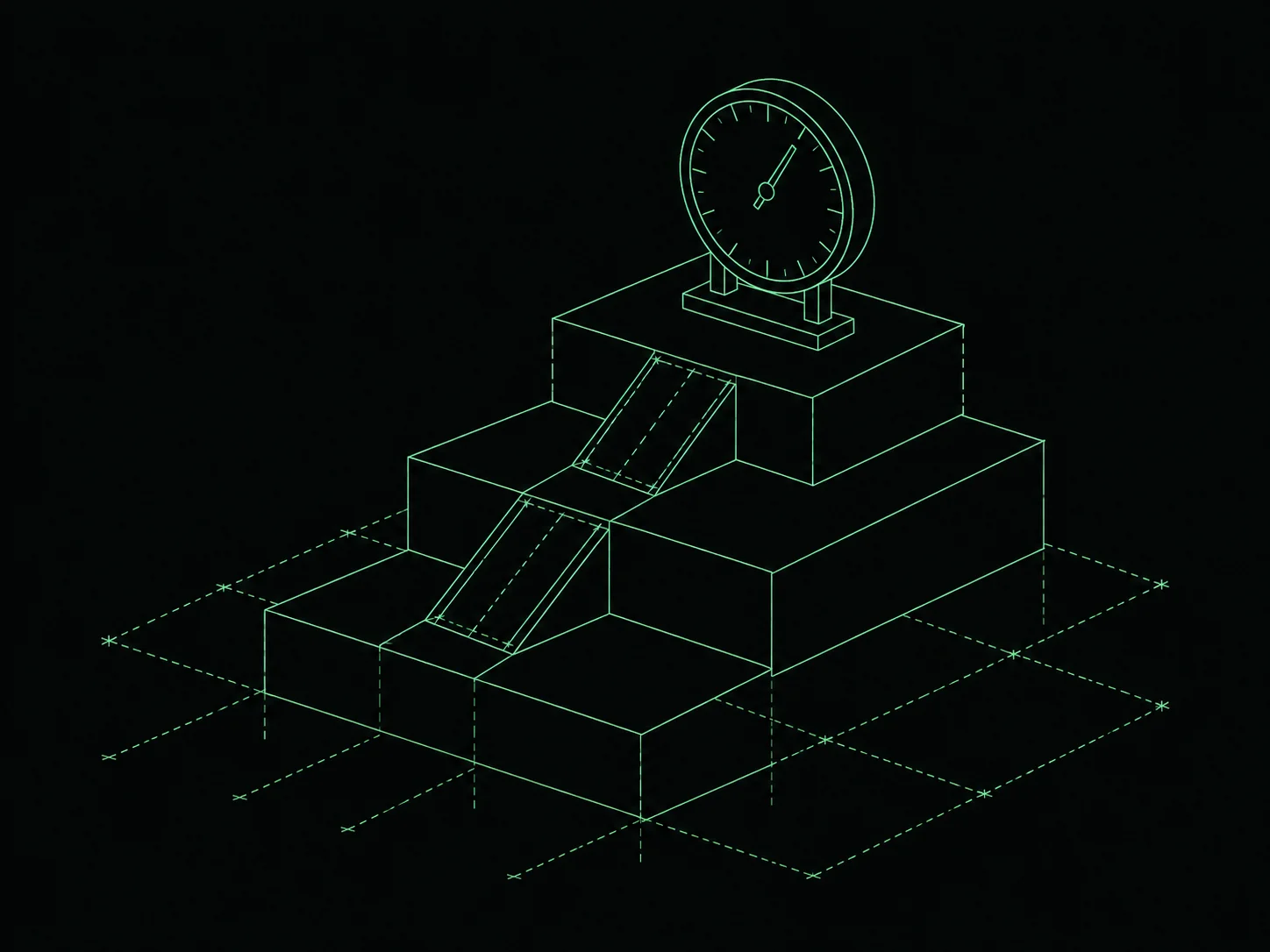 Days Brewing 2 Blueprint illustration of ascending store steps ending in a measurement dial