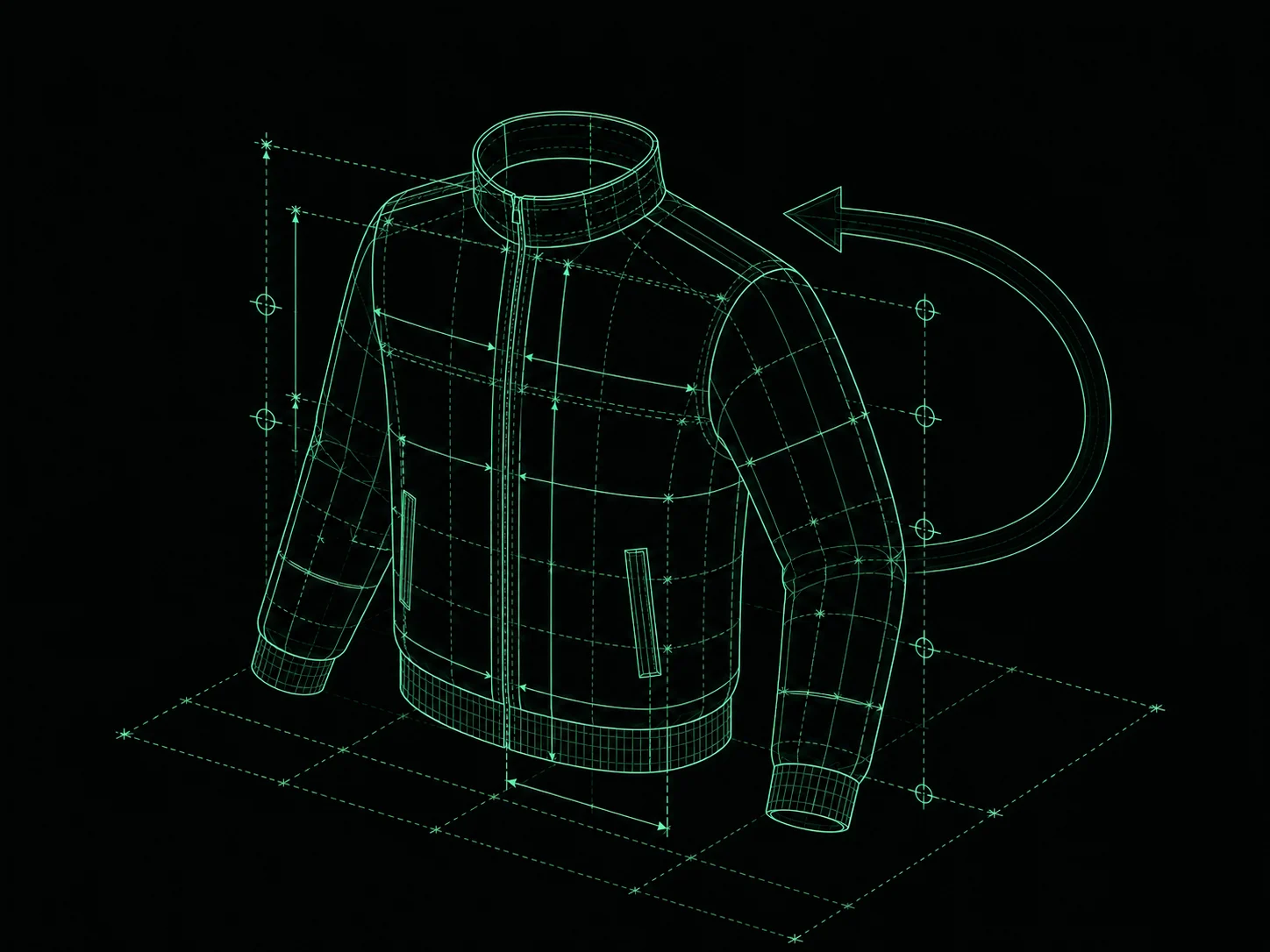 Blueprint illustration of a garment form with measurement grids and a return arrow