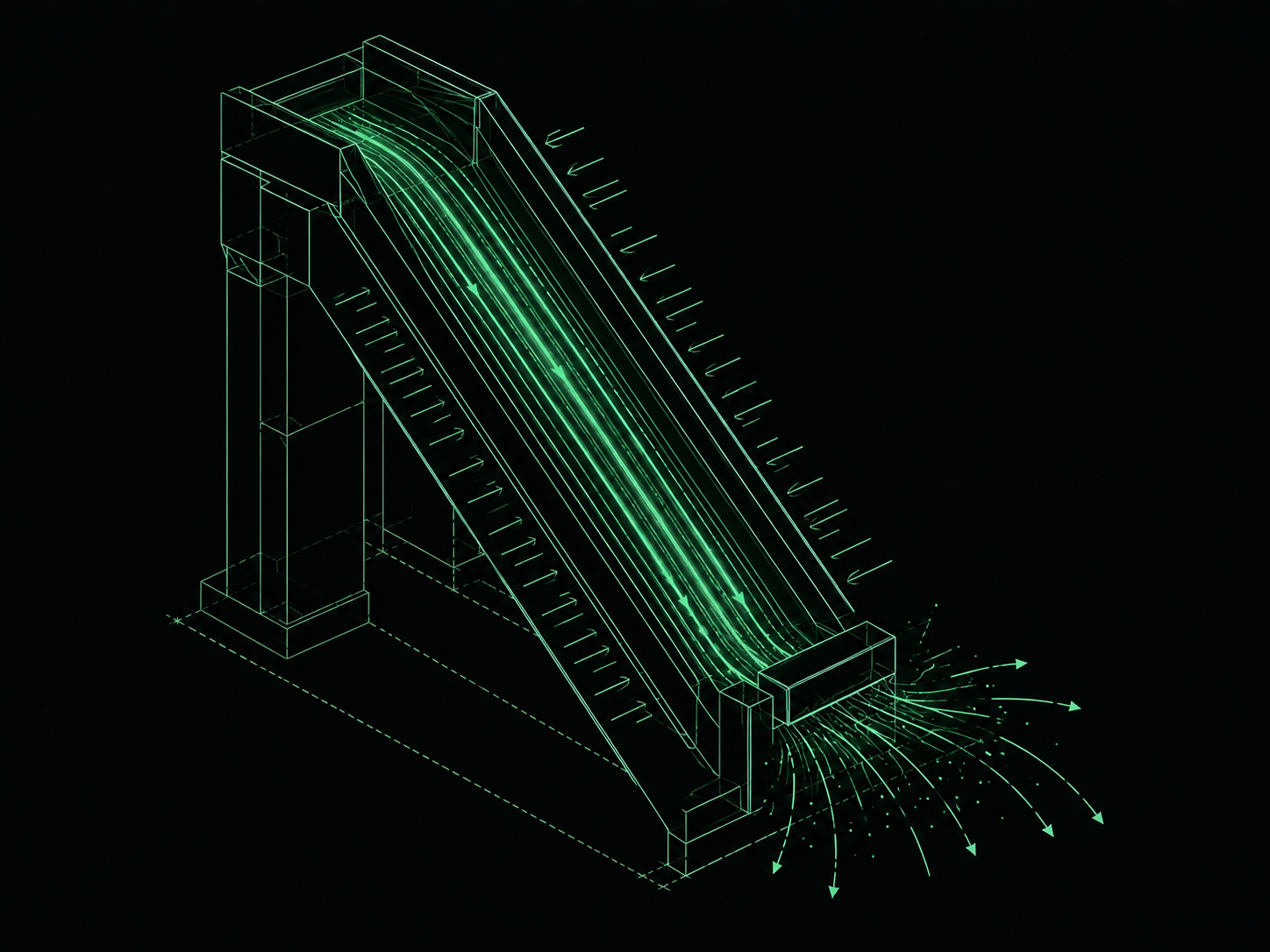 Blueprint illustration of a steep chute with an obstruction scattering flow near the end