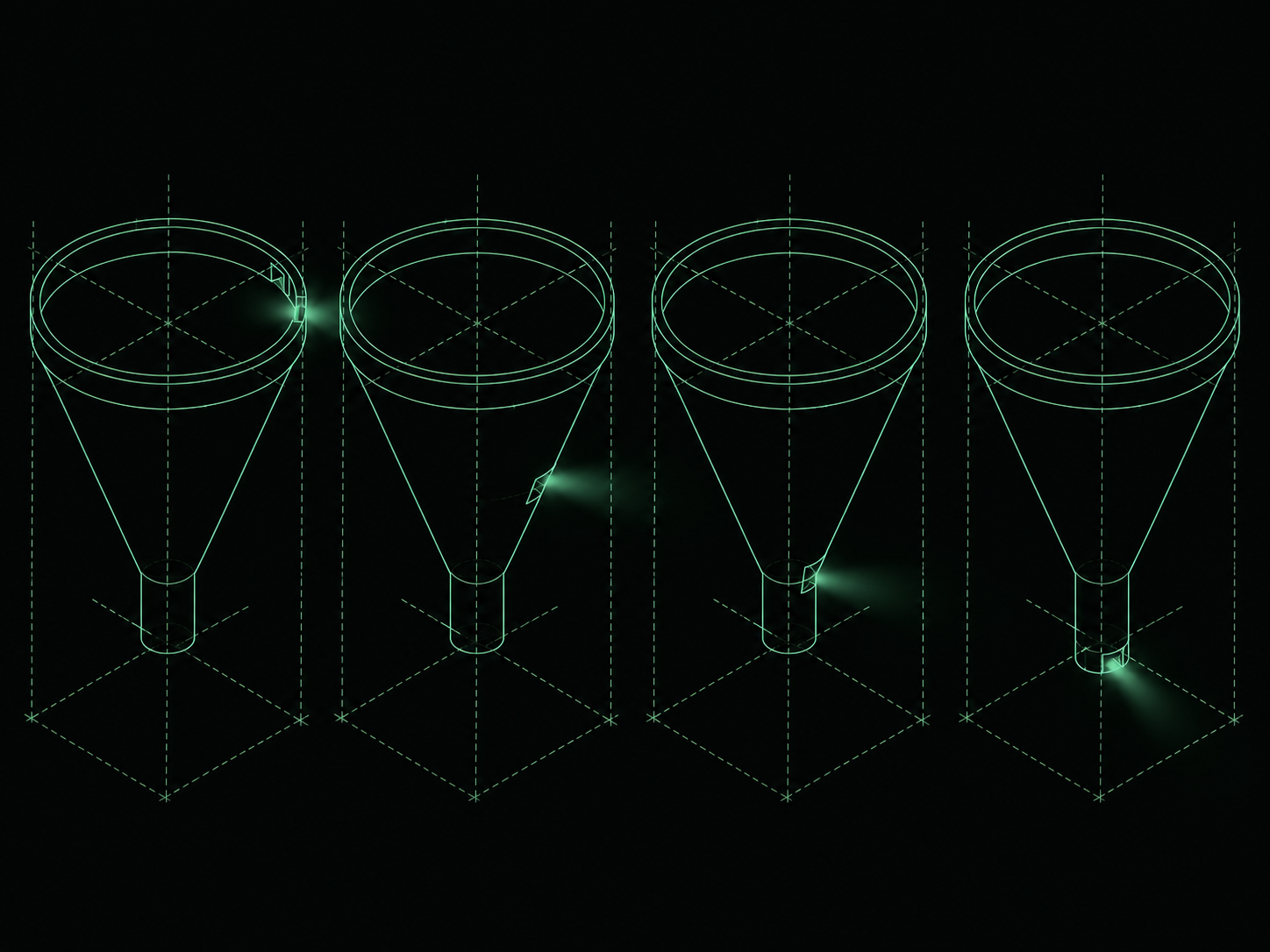 Blueprint illustration of four funnels each leaking from a different point