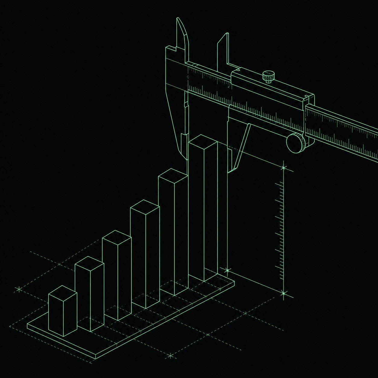 Home 25 Blueprint illustration of calipers measuring a rising bar chart