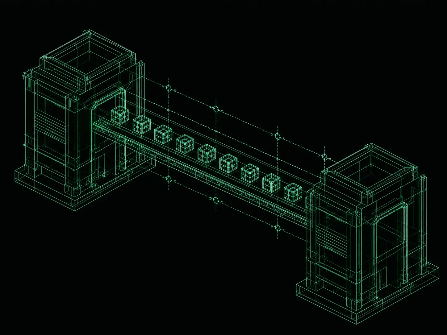 Blueprint illustration of components moving across a bridge between two structures