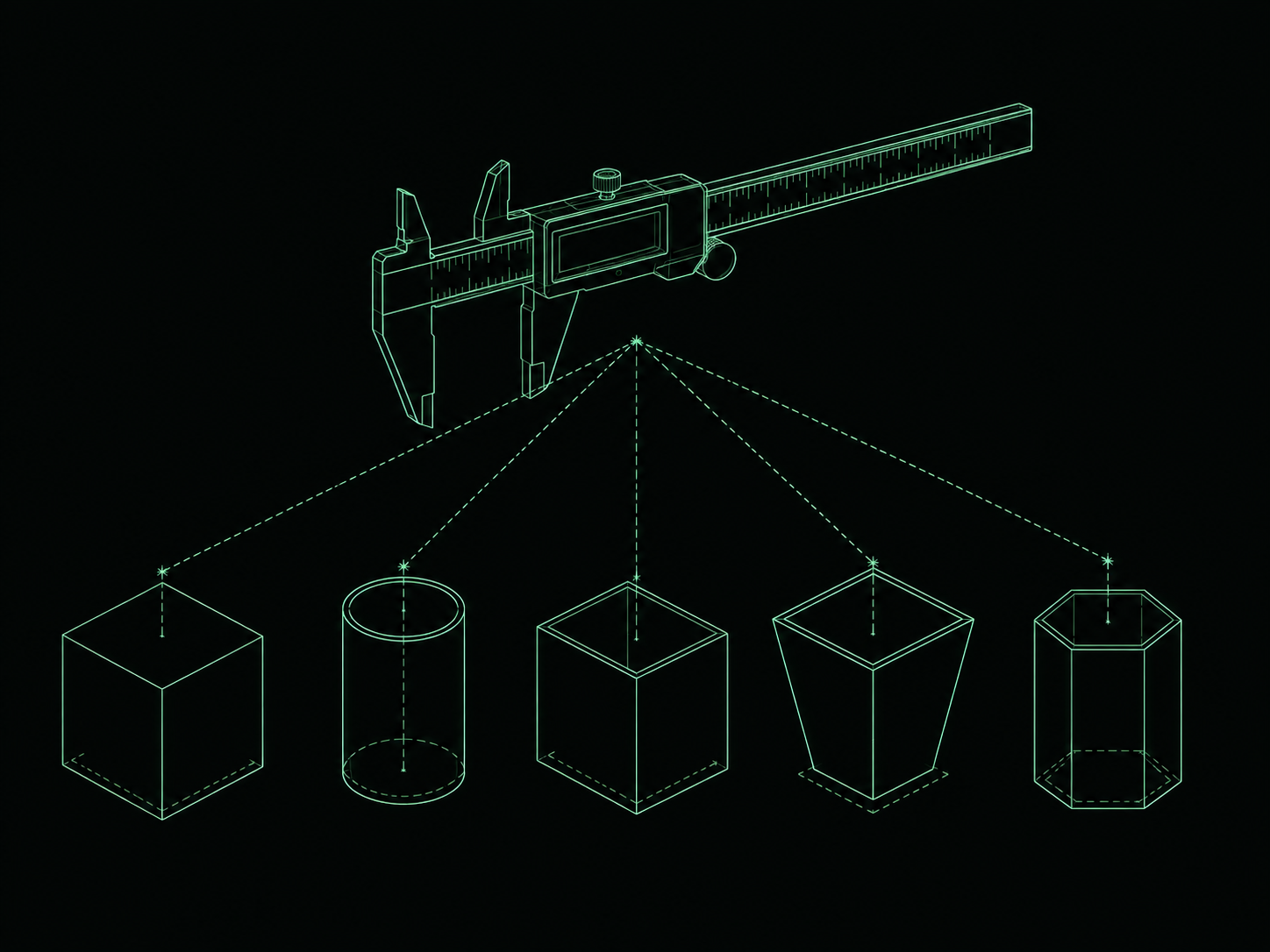 Blueprint illustration of one measuring instrument connected to five different container shapes