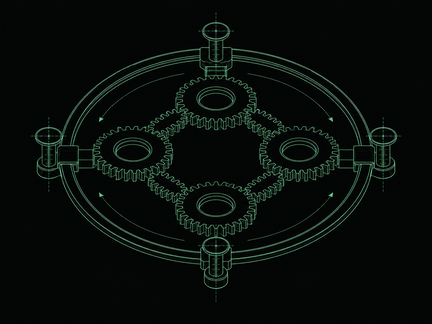 Blueprint illustration of a closed loop of gears with four measurement markers around the circuit