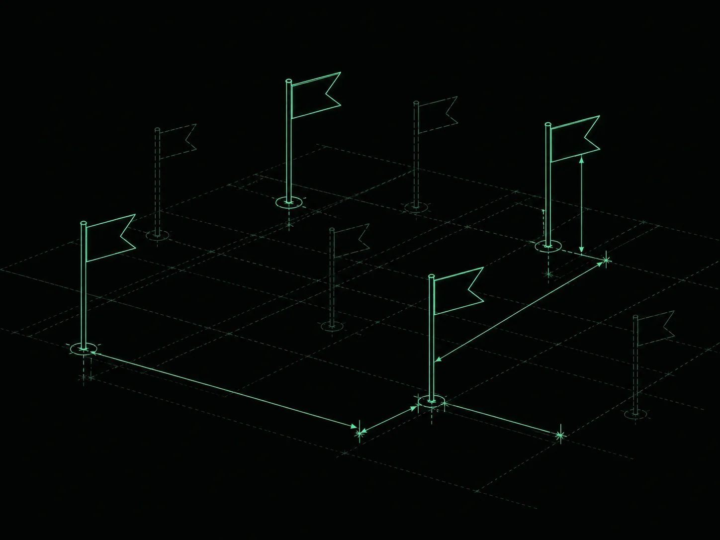 Blueprint illustration of measurement flags, some solid and some faint