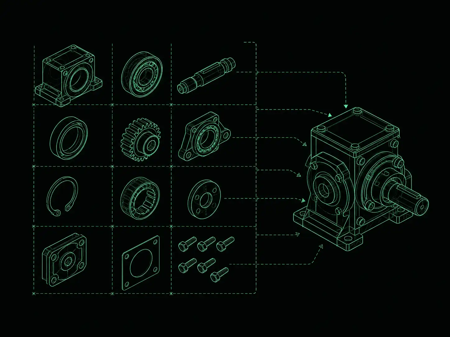 Blueprint illustration of separate components and the assembled form they build