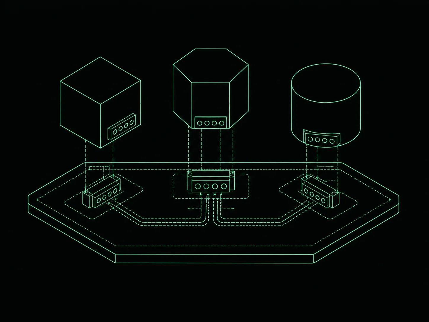 Blueprint illustration of modular components connecting into a base plate