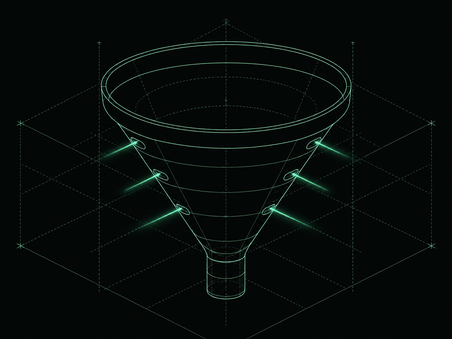 Home 1 Blueprint illustration of a conversion funnel with revenue leaking from gaps in its sides