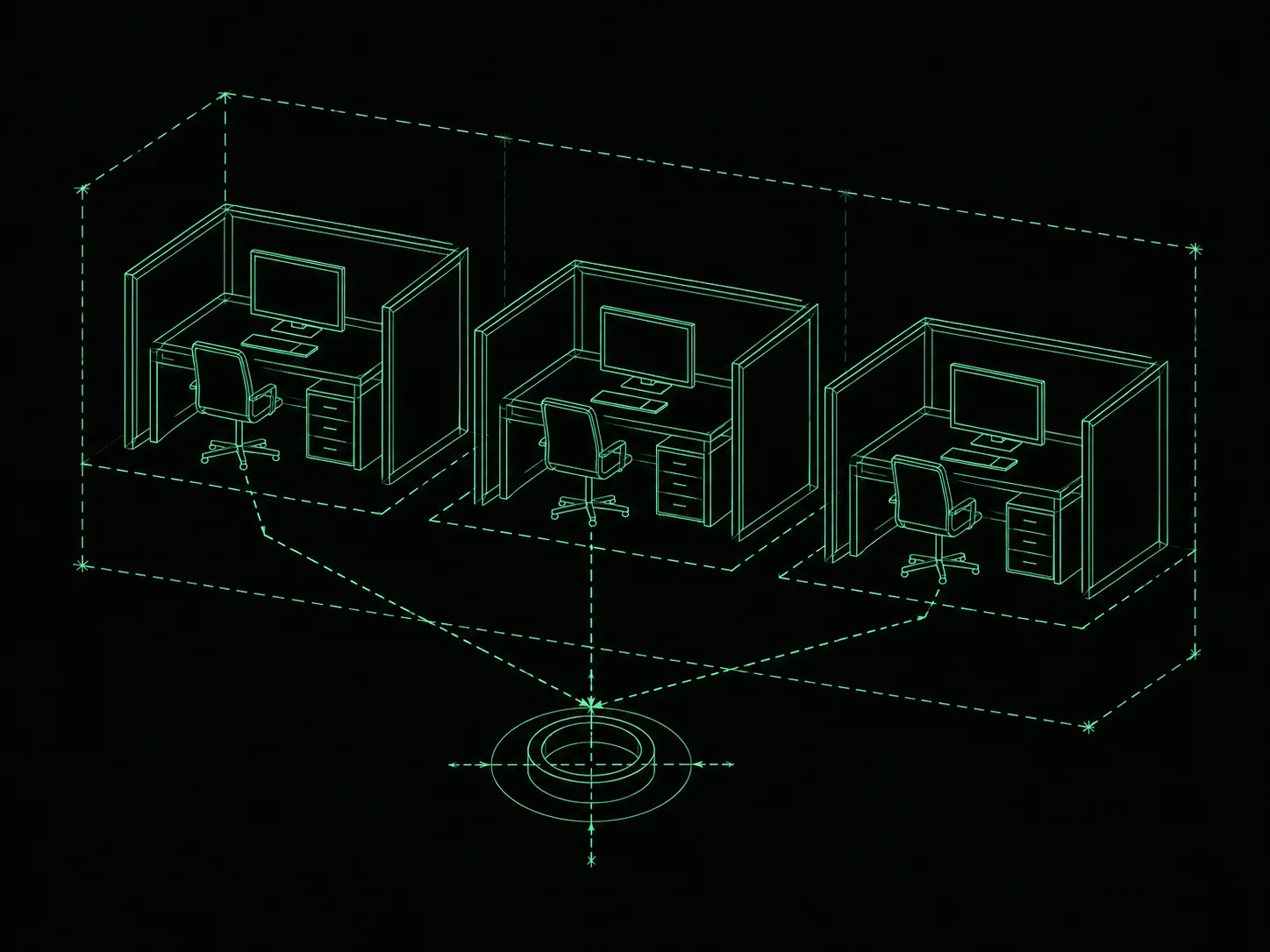 Blueprint illustration of three workstations connected to a single review point inside a capacity boundary