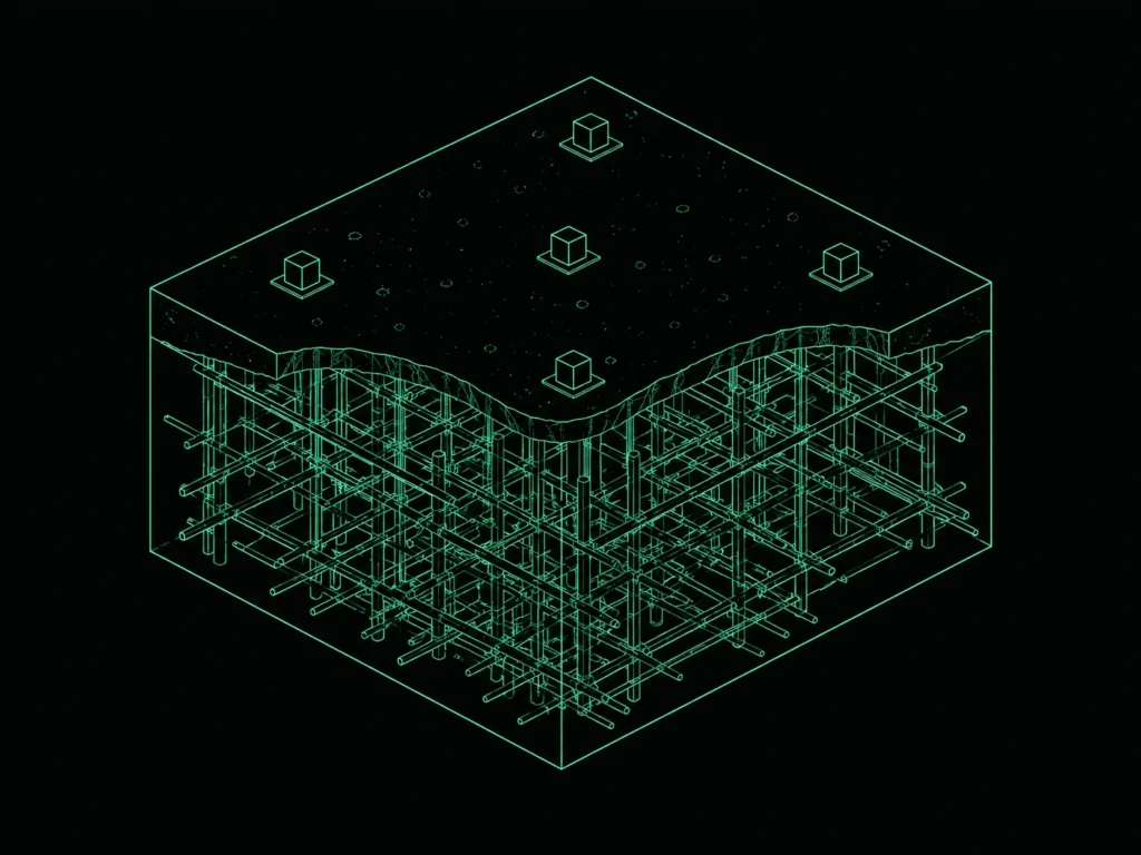 Blueprint illustration of light cubes above a dense tangled foundation