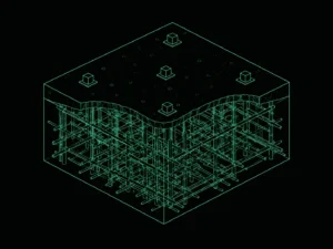 Home 26 Blueprint illustration of light cubes above a dense tangled foundation