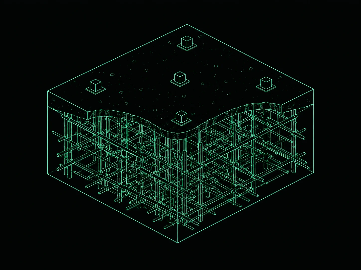 Blueprint illustration of light cubes above a dense tangled foundation