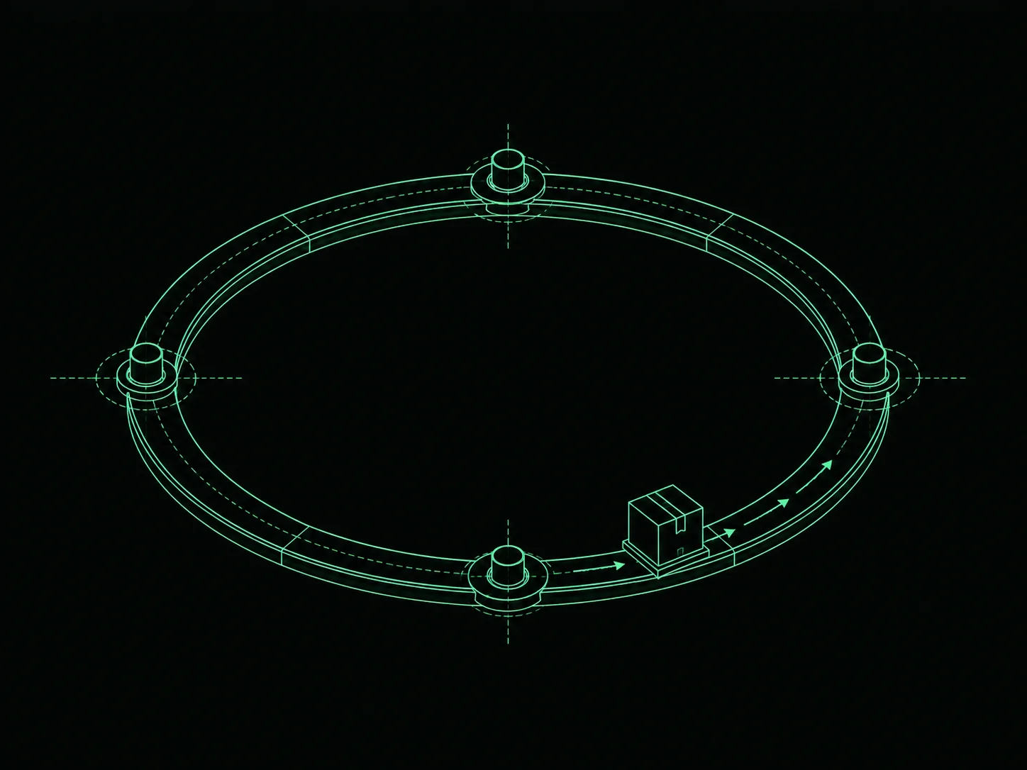 Blueprint illustration of a parcel circling a closed loop with repeat interval markers