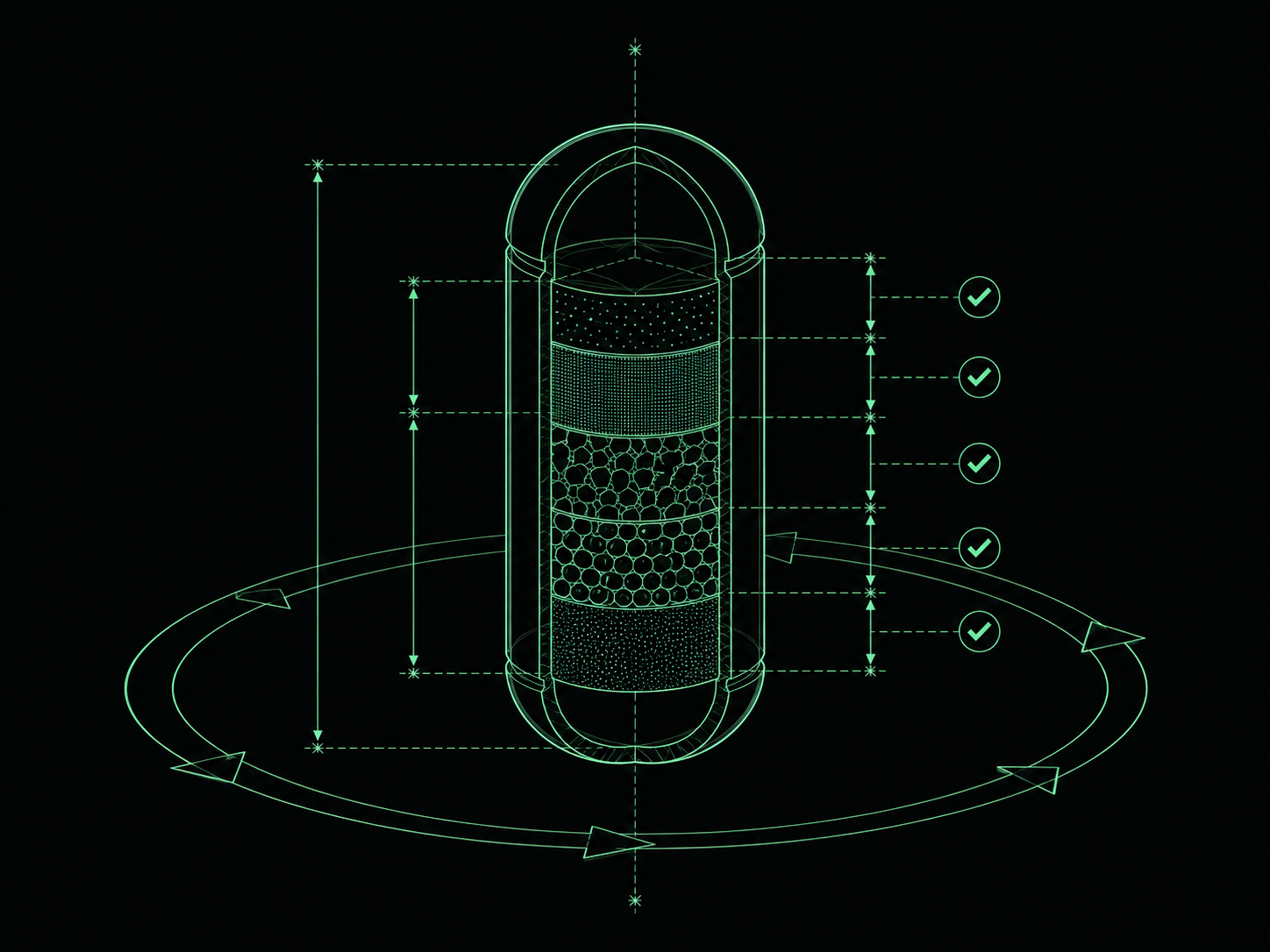 Blueprint cross-section of a capsule with measurement lines and a repeating cycle arrow
