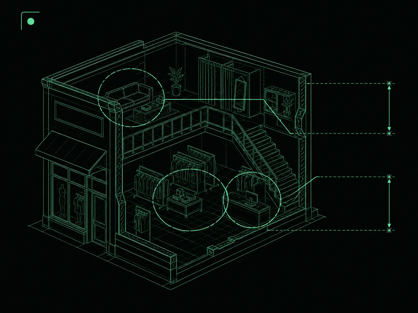 Blueprint cross-section of a store with three areas circled and flagged