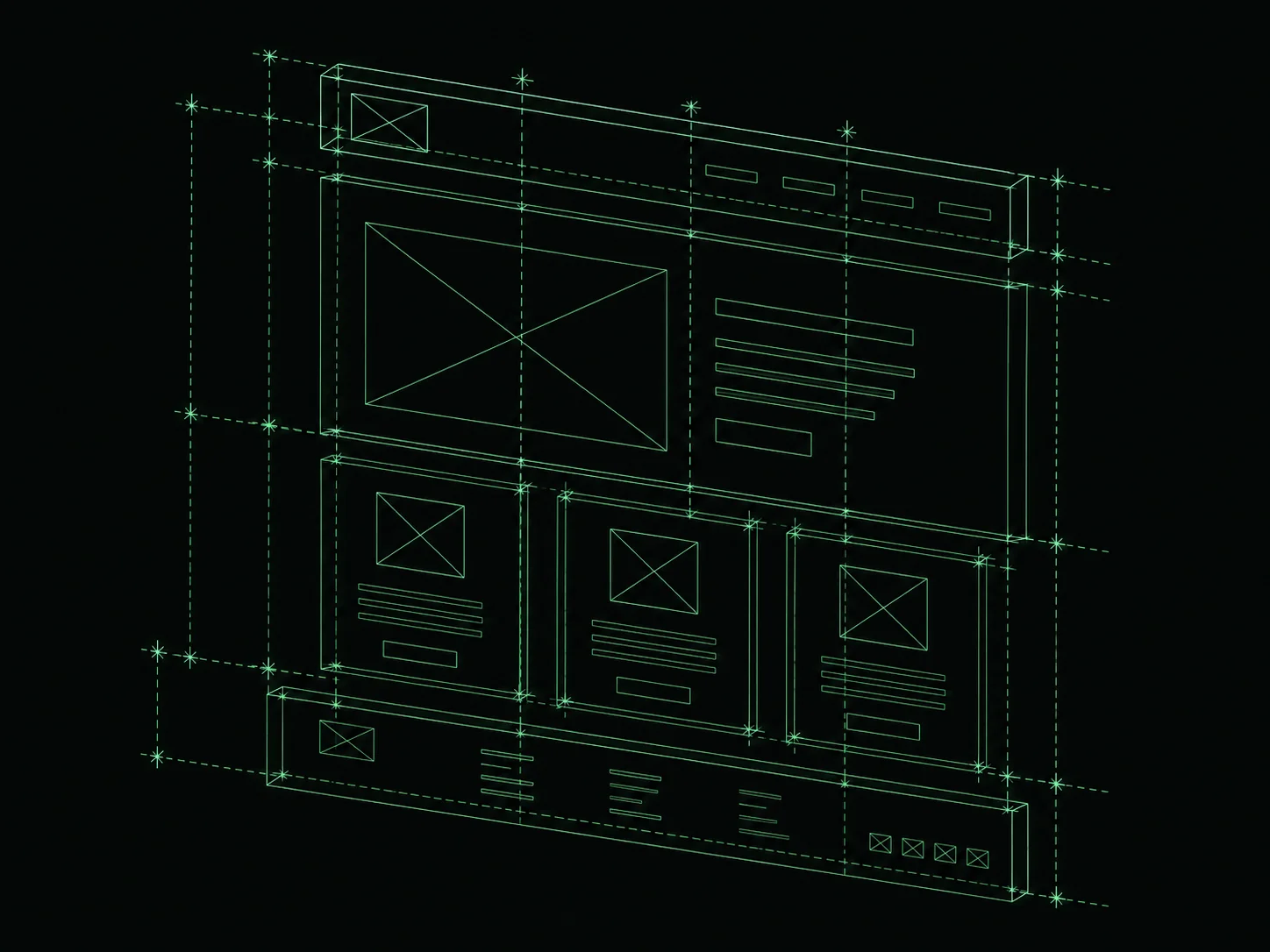 Blueprint illustration of a wireframe layout with alignment and spacing guides