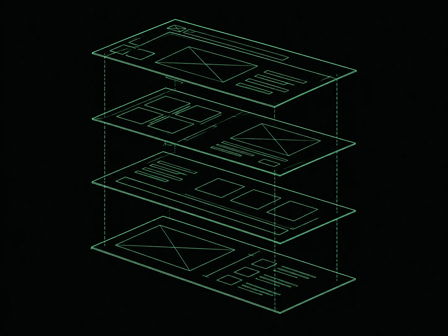 Blueprint illustration of four exploded wireframe layers connected by alignment guides